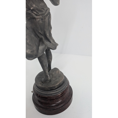 32 - Antique Tall French Spelter Oil Lamp Figural of a Lady with Chanson Par Rousscall Plaque