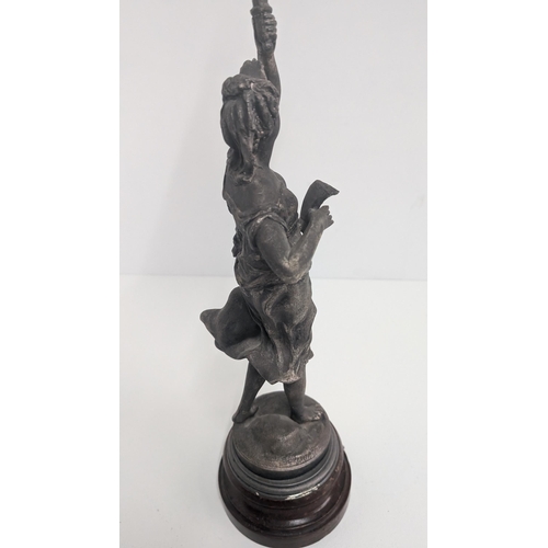 32 - Antique Tall French Spelter Oil Lamp Figural of a Lady with Chanson Par Rousscall Plaque