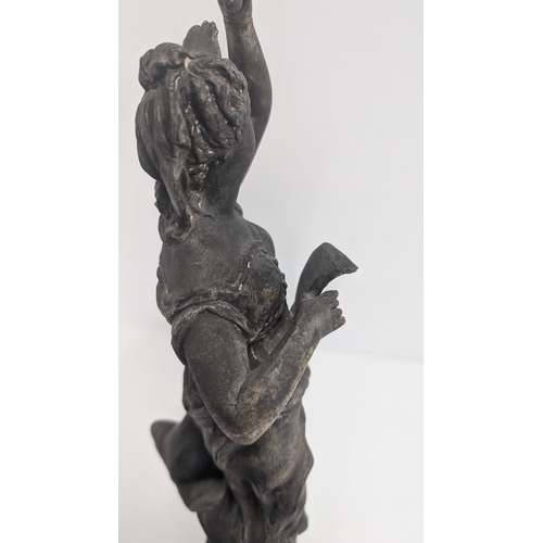 32 - Antique Tall French Spelter Oil Lamp Figural of a Lady with Chanson Par Rousscall Plaque