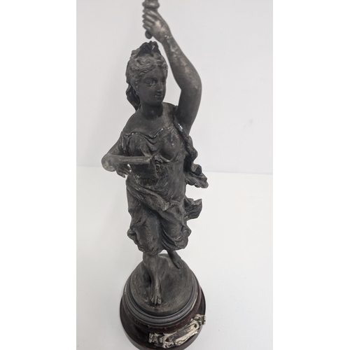 32 - Antique Tall French Spelter Oil Lamp Figural of a Lady with Chanson Par Rousscall Plaque