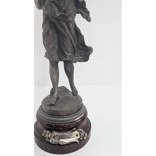 32 - Antique Tall French Spelter Oil Lamp Figural of a Lady with Chanson Par Rousscall Plaque