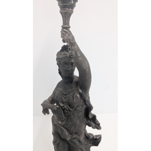 32 - Antique Tall French Spelter Oil Lamp Figural of a Lady with Chanson Par Rousscall Plaque