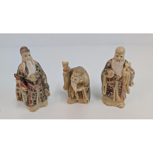 33 - 10 x Japanese Imortals Netsuk - Highly Decorative on Steps with 3 standing beside.  Each Figure appr... 