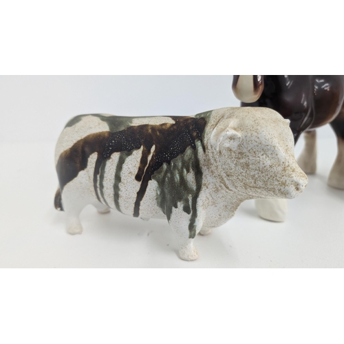 95 - Large Melmaware Hereford Bull 24cm Long, 14cm High, A Vintage Chalkware Bull 20cm Long, 13cm High an... 