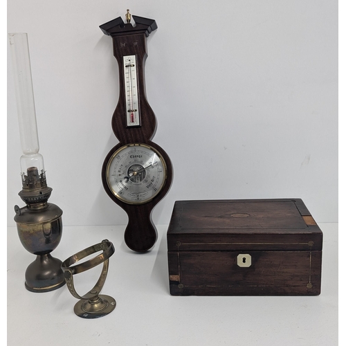 191 - A Selection Of Antique Items Including: Brass Oil Lamp; Barometer; Wooden Box And Brass Items