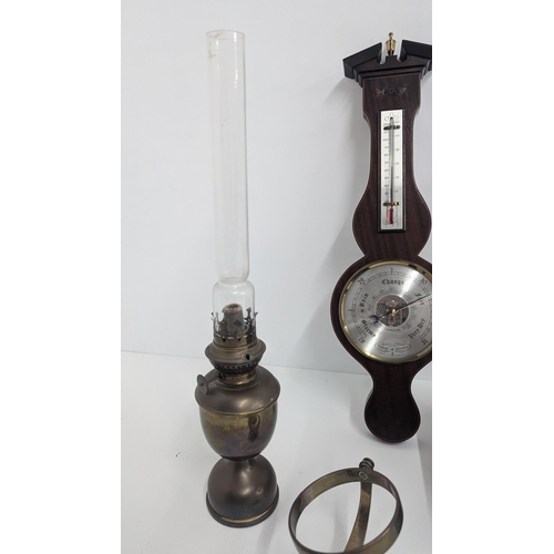 191 - A Selection Of Antique Items Including: Brass Oil Lamp; Barometer; Wooden Box And Brass Items