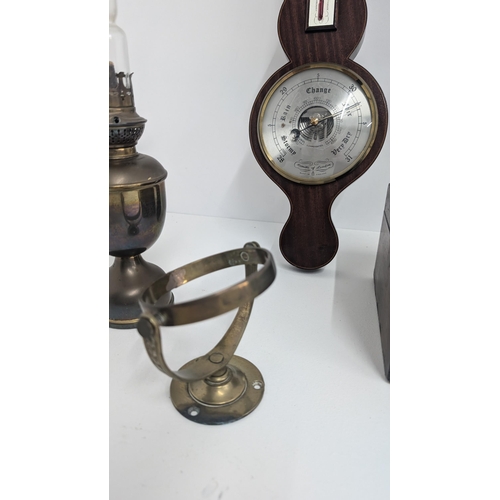 191 - A Selection Of Antique Items Including: Brass Oil Lamp; Barometer; Wooden Box And Brass Items