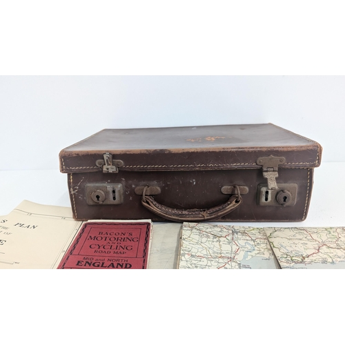 592 - Small Vintage Leather Carry Case - 35 x 22cm Approximately - Filled With Road And Cycling Maps Of Th... 