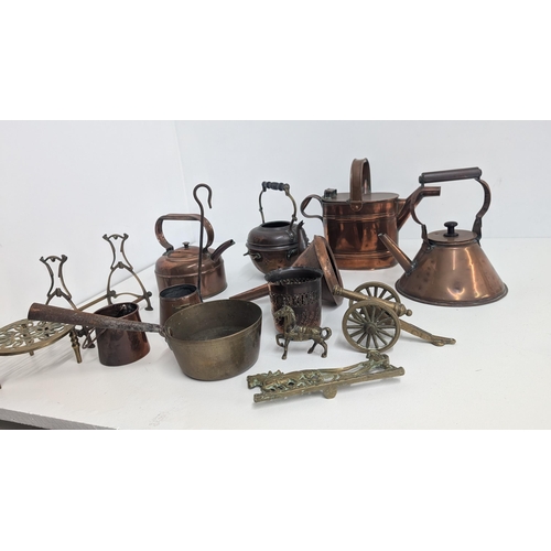 70 - A Lovely Collection Of Antique Brass And Copper Items Including: Copper Kettles; Watering Can; Funne... 