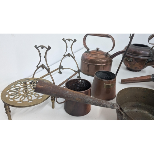 70 - A Lovely Collection Of Antique Brass And Copper Items Including: Copper Kettles; Watering Can; Funne... 