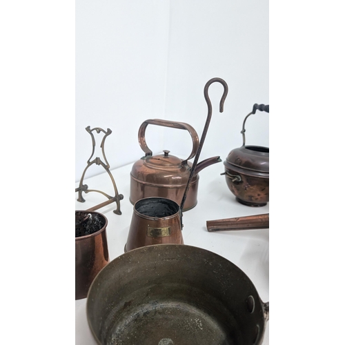 70 - A Lovely Collection Of Antique Brass And Copper Items Including: Copper Kettles; Watering Can; Funne... 