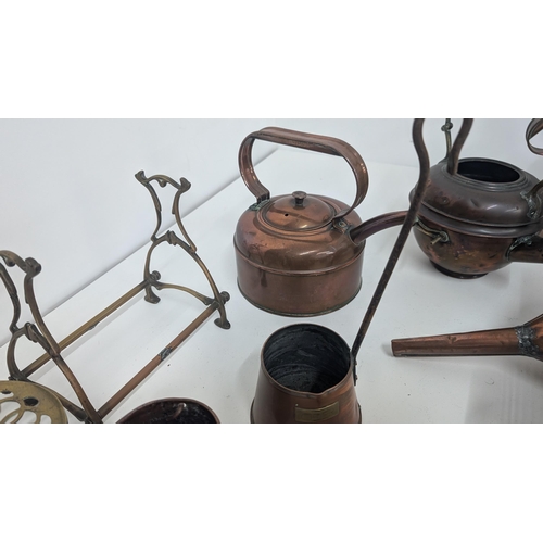 70 - A Lovely Collection Of Antique Brass And Copper Items Including: Copper Kettles; Watering Can; Funne... 