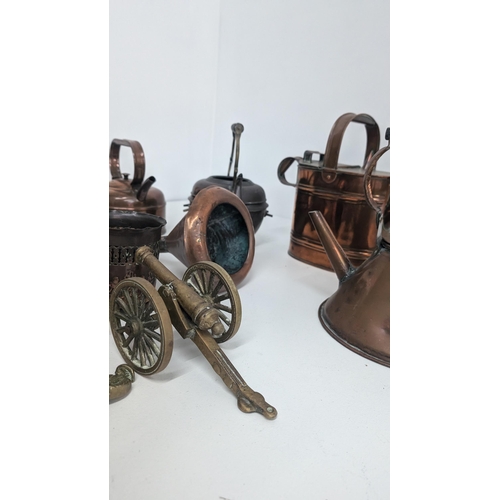 70 - A Lovely Collection Of Antique Brass And Copper Items Including: Copper Kettles; Watering Can; Funne... 