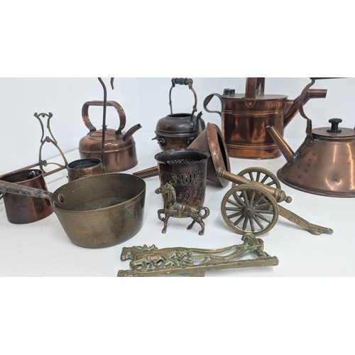 70 - A Lovely Collection Of Antique Brass And Copper Items Including: Copper Kettles; Watering Can; Funne... 