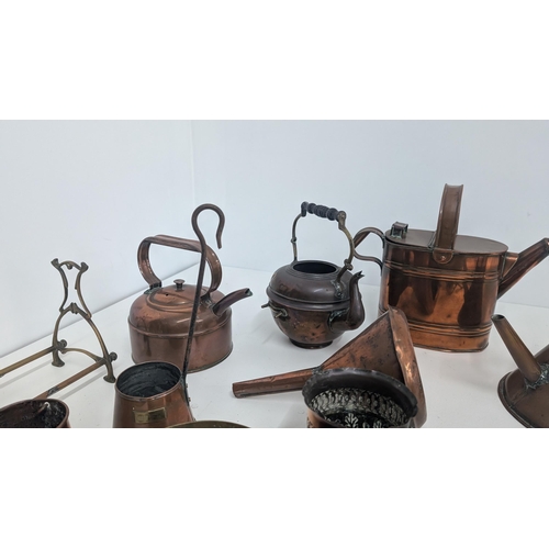 70 - A Lovely Collection Of Antique Brass And Copper Items Including: Copper Kettles; Watering Can; Funne... 