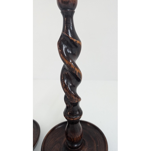 98 - A Pair Of Antique English Oak Barley Twist Candlesticks Circa 1900's - Approximately 31cm Tall