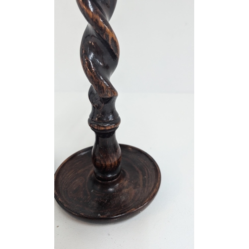 98 - A Pair Of Antique English Oak Barley Twist Candlesticks Circa 1900's - Approximately 31cm Tall