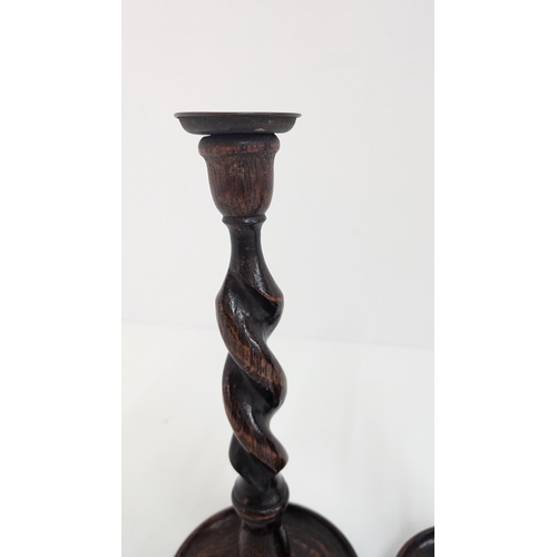 98 - A Pair Of Antique English Oak Barley Twist Candlesticks Circa 1900's - Approximately 31cm Tall