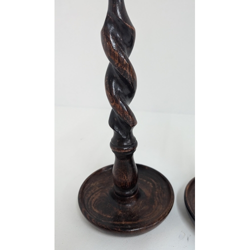 98 - A Pair Of Antique English Oak Barley Twist Candlesticks Circa 1900's - Approximately 31cm Tall