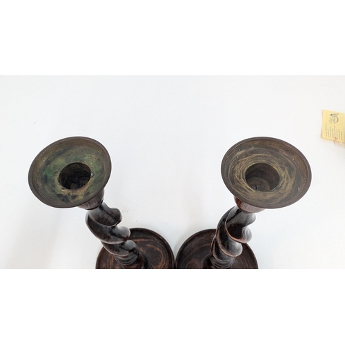 98 - A Pair Of Antique English Oak Barley Twist Candlesticks Circa 1900's - Approximately 31cm Tall