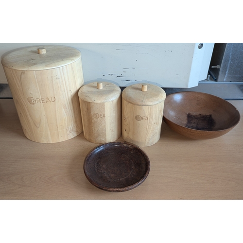 1560 - Wooden Bread Bin, Tea Caddies And Bowls