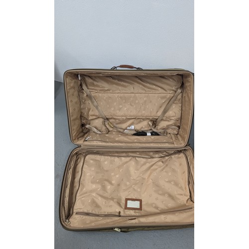 138 - Genuine Hartman Expandable Luggage - Near New Condition - Olive Green. Large Case with Brown Handle ... 