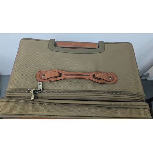 138 - Genuine Hartman Expandable Luggage - Near New Condition - Olive Green. Large Case with Brown Handle ... 