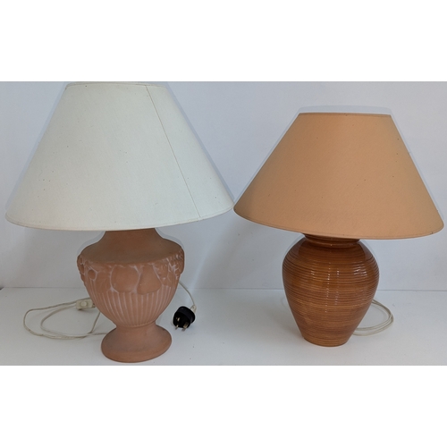 142 - Large Terracotta and Glazed Lamps x 2.  Heights with Shades approx. 60cm Each