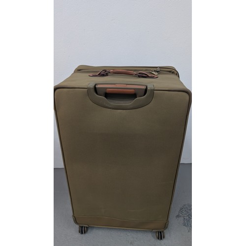 138 - Genuine Hartman Expandable Luggage - Near New Condition - Olive Green. Large Case with Brown Handle ... 