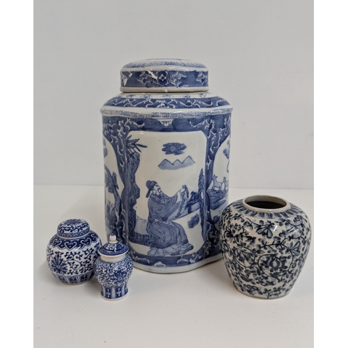 149 - 4 x Pieces of Blue and White China including a Large Storage Jar ( damage to lid as pictured)