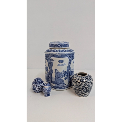 149 - 4 x Pieces of Blue and White China including a Large Storage Jar ( damage to lid as pictured)