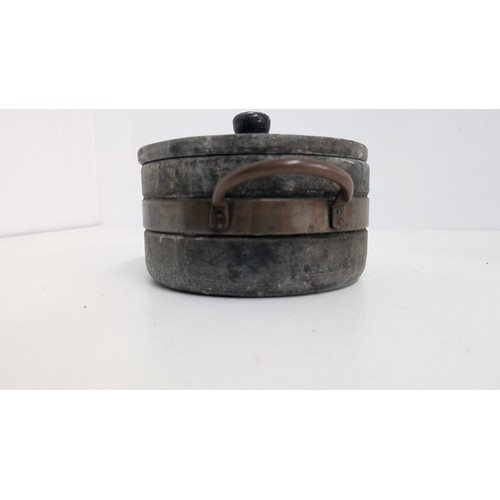 150 - An Antique Soapstone Stew Pot with Brass Banding and Handles 18cm Diameter, 9cm Height.  Can withsta... 