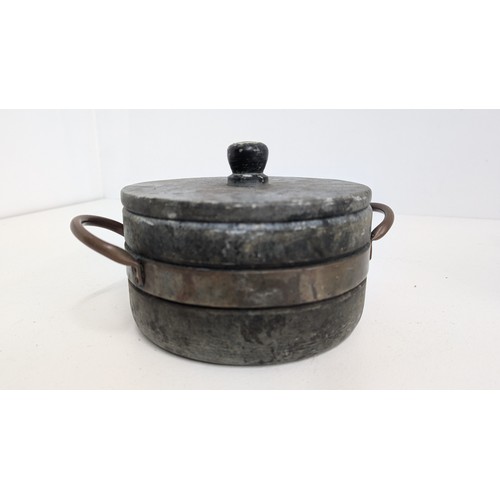 150 - An Antique Soapstone Stew Pot with Brass Banding and Handles 18cm Diameter, 9cm Height.  Can withsta... 