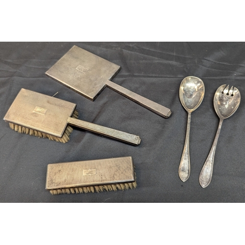 185 - An Hallmarked Silver Engine Turned Dressing Table Set and a Plateware Serving Set