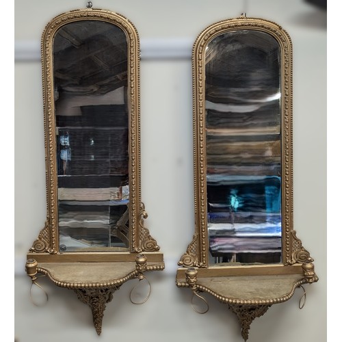 1 - A Matching Pair Of Antique Gilt Archtop Adam Style Mirrors With A Shaped Shelf And 2 Adjacent Candle... 