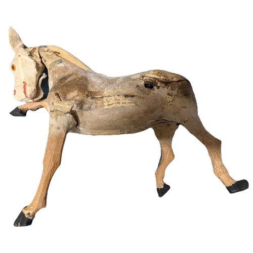 21 - 1800's German Antique Primitive Toy Horse,    Paper Mache And Wood Body, with Clockwork Mechanism - ... 