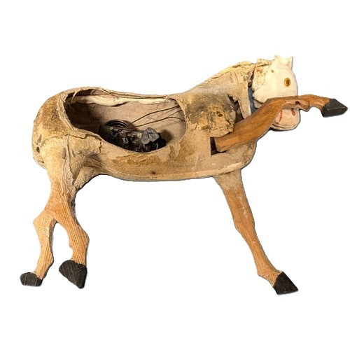 21 - 1800's German Antique Primitive Toy Horse,    Paper Mache And Wood Body, with Clockwork Mechanism - ... 