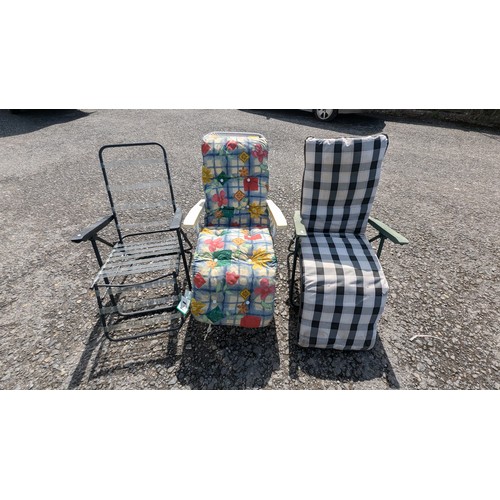 879 - 3x Reclining Garden Chairs - 2 With Cushions