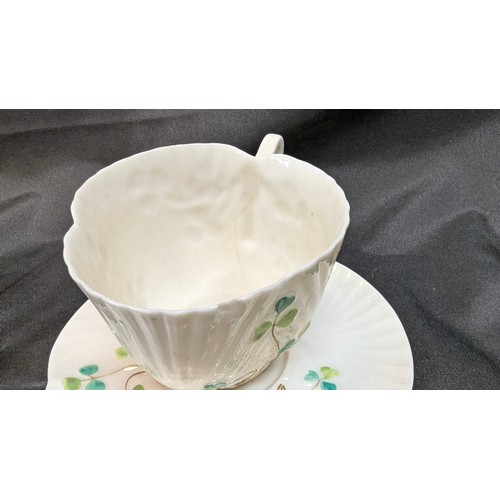 78 - An Antique Belleek Clover Leaf Pattern Tea Pot, Milk Jug, Sugar Bowl An 3x Cups And Saucers - Slight... 