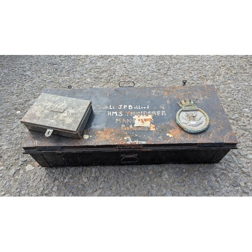 77 - Metal Trunk And Cash Box With Lt. J.P.B. Bullard With HMS Thunderer Plaque