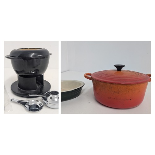 936 - Very Heavy Stoneware Fondue Set - Unused,  Plus Orange Le Creuset Pan and a Green Le Creuset 24cm Di... 