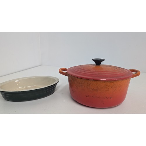 936 - Very Heavy Stoneware Fondue Set - Unused,  Plus Orange Le Creuset Pan and a Green Le Creuset 24cm Di... 