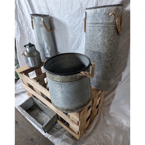 27 - Large Wooden Crate Containing Galvanised And Metal Planters, Buckets And More