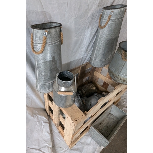 27 - Large Wooden Crate Containing Galvanised And Metal Planters, Buckets And More