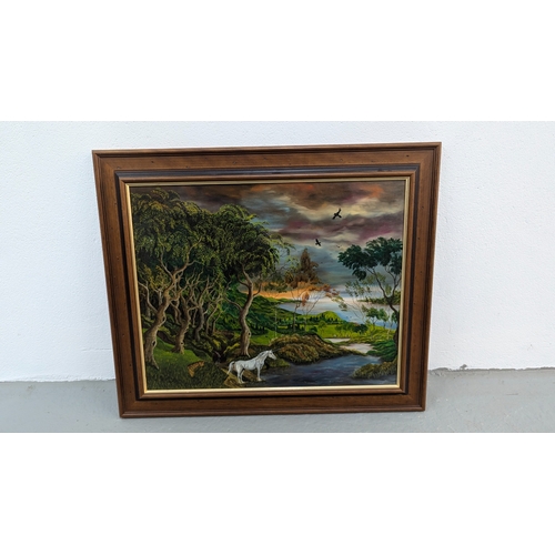 1311 - A Fantasy Landscape With Unicorn. Painting On Board By Philip Rowling - 62 x 52cm In Frame