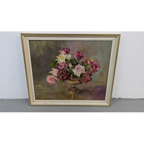 1312 - An Oil On Board Of A Vase Of Roses - M. Flemming - 63 x 54cm