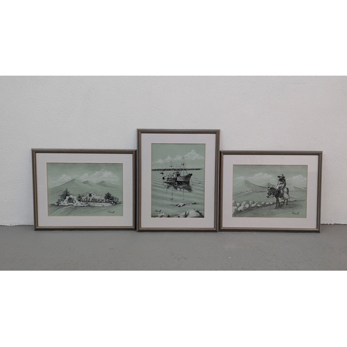 1313 - .3 Original Pencil Drawings Of Lanzarote - Scenes By Garth - 47 x 37 In Frames