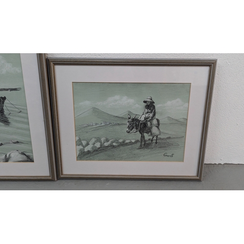 1313 - .3 Original Pencil Drawings Of Lanzarote - Scenes By Garth - 47 x 37 In Frames