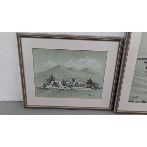 1313 - .3 Original Pencil Drawings Of Lanzarote - Scenes By Garth - 47 x 37 In Frames