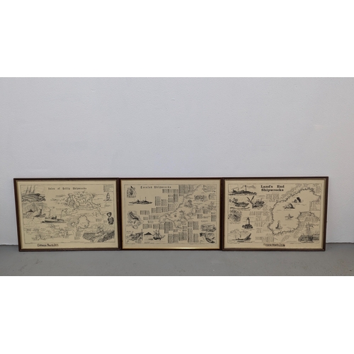 594 - 3 Large Framed Maps Of Cornwall, Land's End And Scilly Isle Shipwrecks